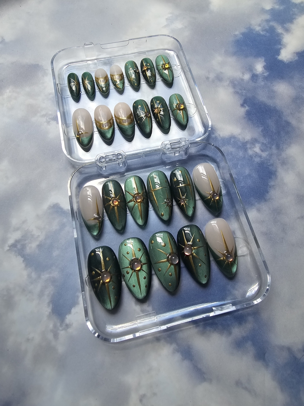 Forest Green Cateye Handmade Press-On Nails